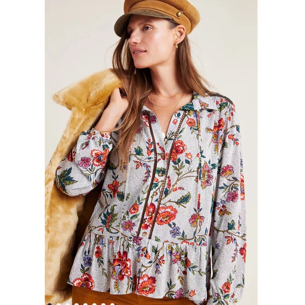 Anthropologie Maeve Janie Blouse Size 2 Peplum Flounced Tie Peasant Floral Boho
